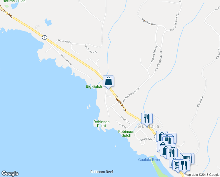 map of restaurants, bars, coffee shops, grocery stores, and more near 38101 Robinson Reef Drive in Gualala