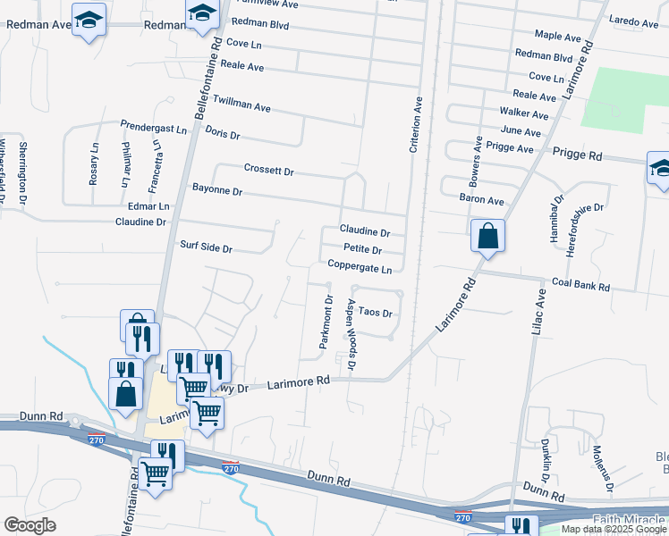 map of restaurants, bars, coffee shops, grocery stores, and more near 1348 Coppergate Lane in St. Louis
