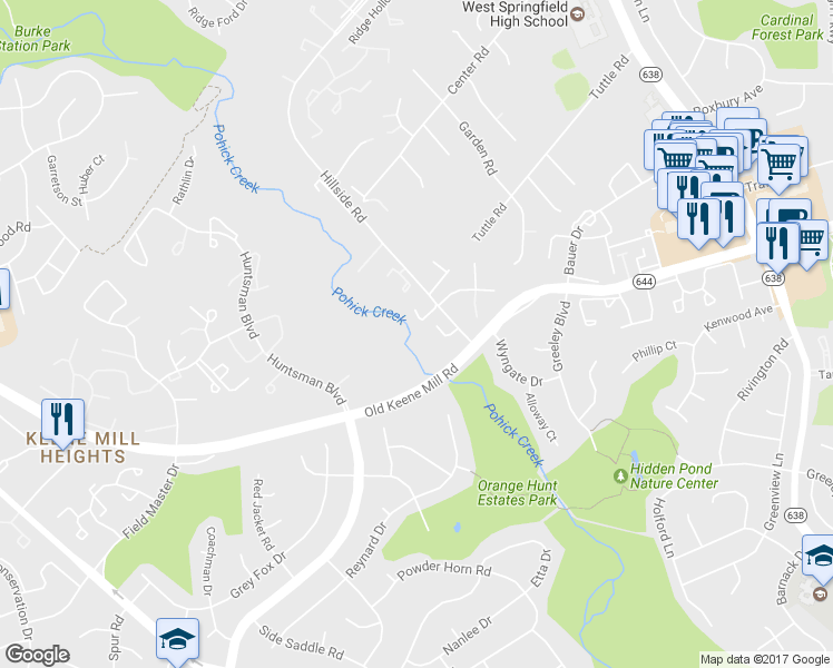 map of restaurants, bars, coffee shops, grocery stores, and more near 8715 Sheridan Farms Court in West Springfield