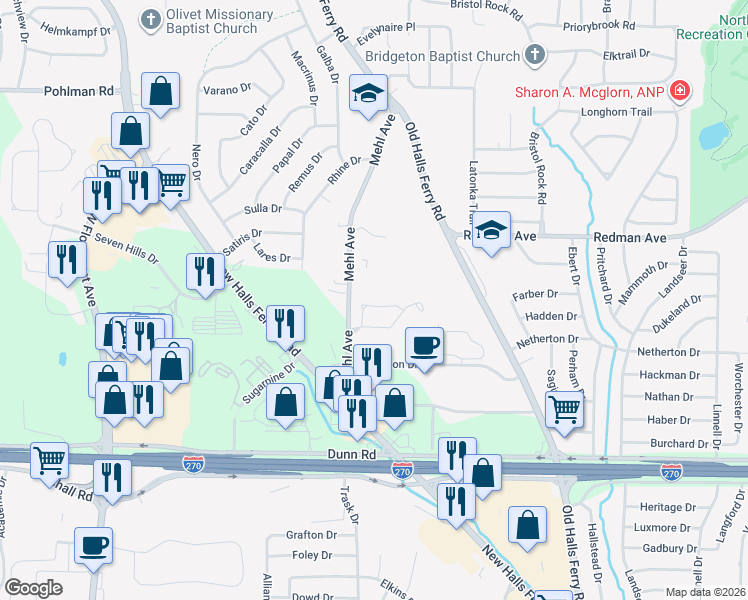 map of restaurants, bars, coffee shops, grocery stores, and more near 11253 Liberty Landing Drive in Florissant
