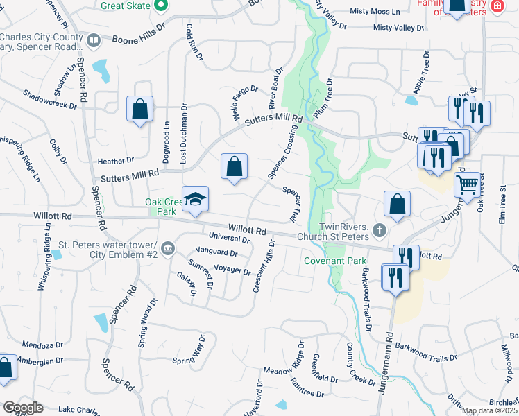 map of restaurants, bars, coffee shops, grocery stores, and more near 20 Last Chance Court in Saint Peters