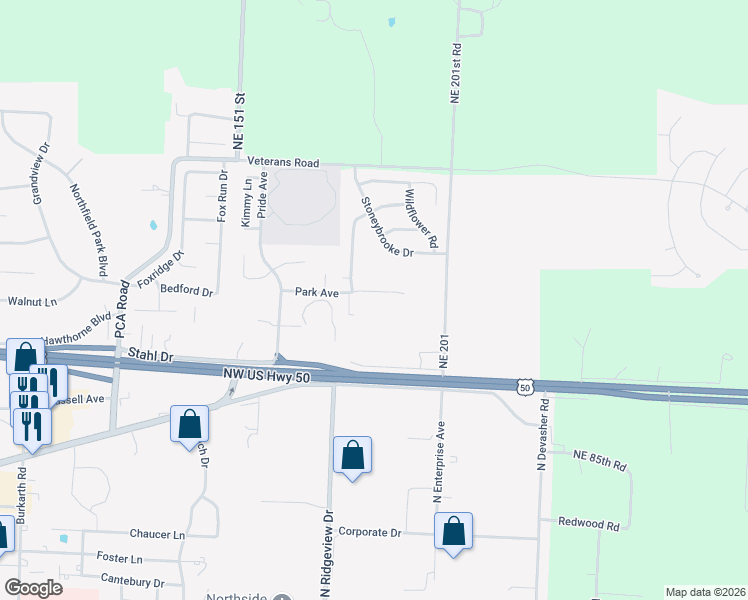 map of restaurants, bars, coffee shops, grocery stores, and more near 1513 Park Avenue in Warrensburg