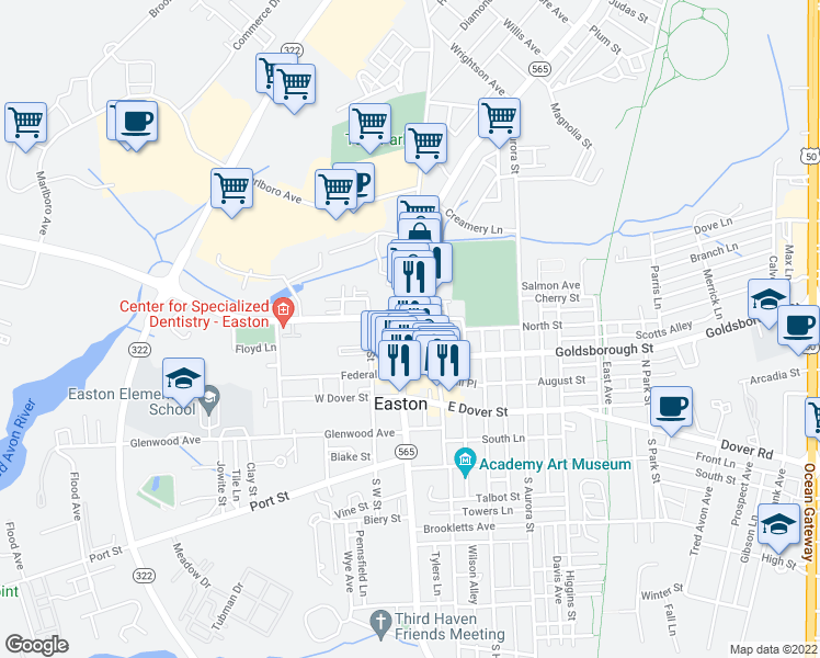map of restaurants, bars, coffee shops, grocery stores, and more near 130 North Washington Street in Easton
