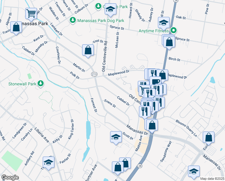 map of restaurants, bars, coffee shops, grocery stores, and more near 138 Cabbel Drive in Manassas Park