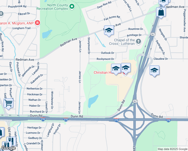 map of restaurants, bars, coffee shops, grocery stores, and more near 11160 Village North Drive in St. Louis