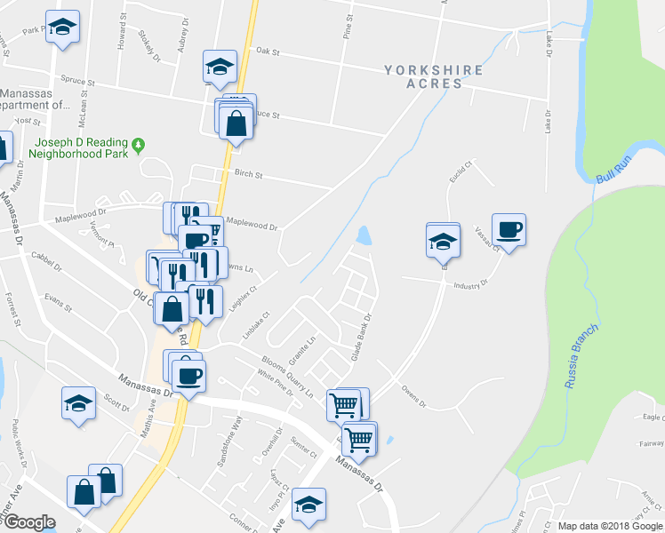 map of restaurants, bars, coffee shops, grocery stores, and more near 8224 Frog Hollow Court in Manassas