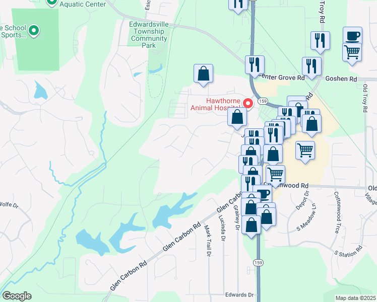 map of restaurants, bars, coffee shops, grocery stores, and more near 210 Bayhill Boulevard in Glen Carbon