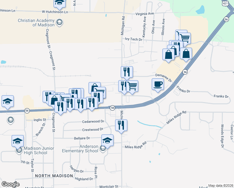 map of restaurants, bars, coffee shops, grocery stores, and more near 102 Franks Dr in Madison