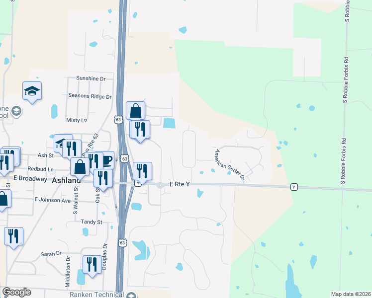 map of restaurants, bars, coffee shops, grocery stores, and more near 14610 Quail Ridge Road in Ashland