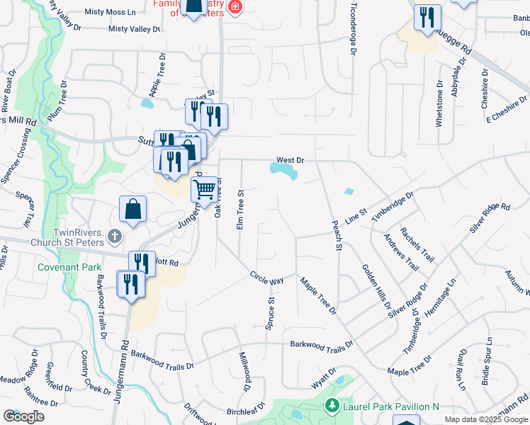 map of restaurants, bars, coffee shops, grocery stores, and more near 56 Circle Way in St. Peters