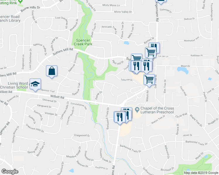 map of restaurants, bars, coffee shops, grocery stores, and more near 762 Highland Hill Court in St. Peters
