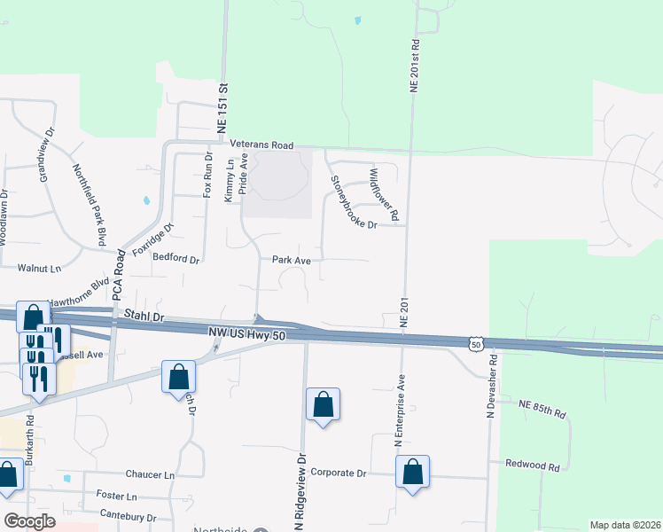map of restaurants, bars, coffee shops, grocery stores, and more near 1196 Pebblecreek Drive in Warrensburg