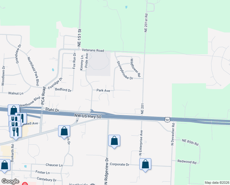 map of restaurants, bars, coffee shops, grocery stores, and more near 1196 Pebblecreek Drive in Warrensburg