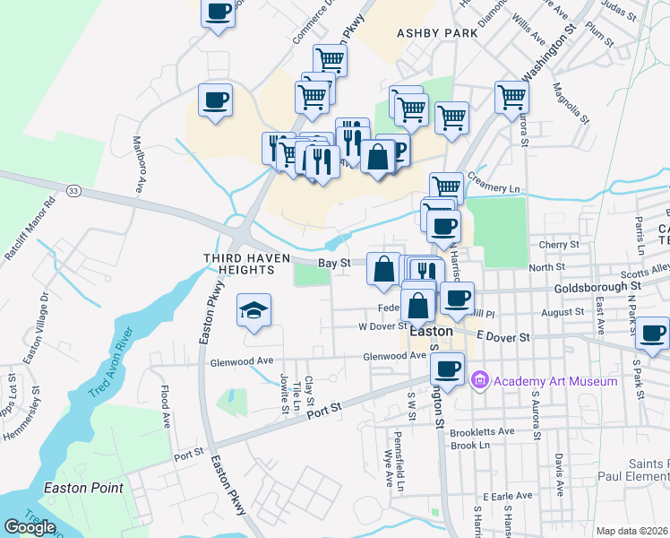 map of restaurants, bars, coffee shops, grocery stores, and more near 218 Bay Street in Easton