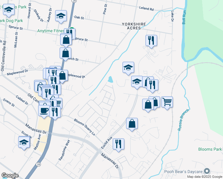 map of restaurants, bars, coffee shops, grocery stores, and more near 8145 Pond Crest Terrace in Manassas