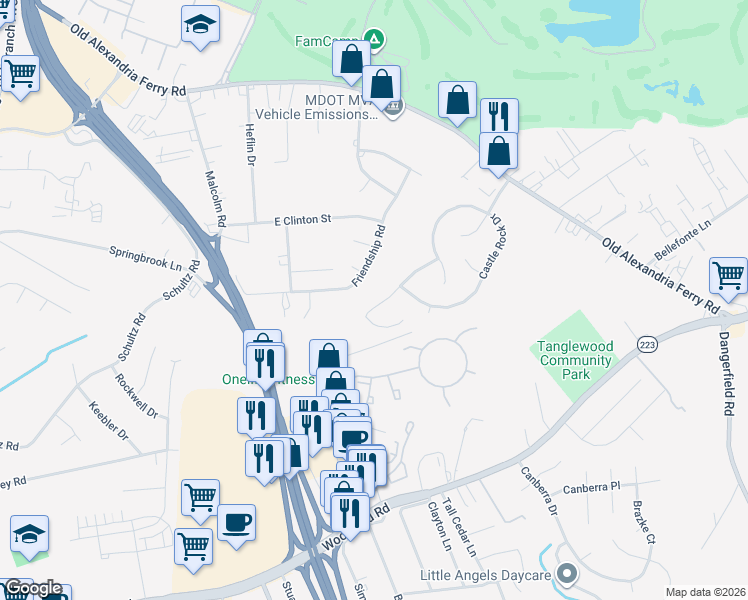 map of restaurants, bars, coffee shops, grocery stores, and more near 8209 Mike Shapiro Drive in Clinton