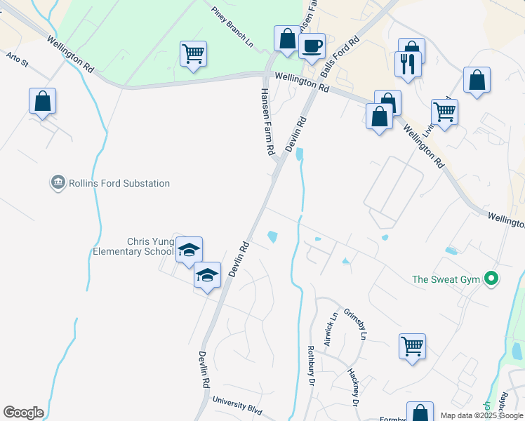 map of restaurants, bars, coffee shops, grocery stores, and more near 8105 Devlin Road in Bristow