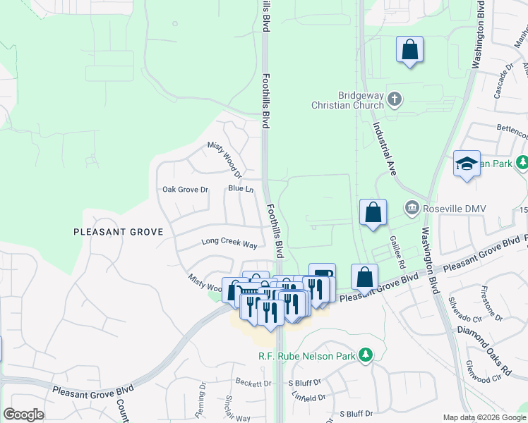 map of restaurants, bars, coffee shops, grocery stores, and more near 1506 Blue Lane in Roseville