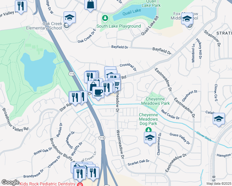 map of restaurants, bars, coffee shops, grocery stores, and more near 833 Westmeadow Drive in Colorado Springs