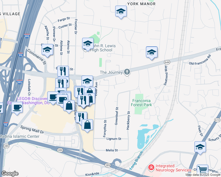 map of restaurants, bars, coffee shops, grocery stores, and more near 6575 Forsythia Street in Springfield