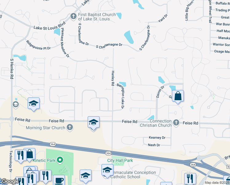 map of restaurants, bars, coffee shops, grocery stores, and more near 19 Windrose Lake Court in O'Fallon
