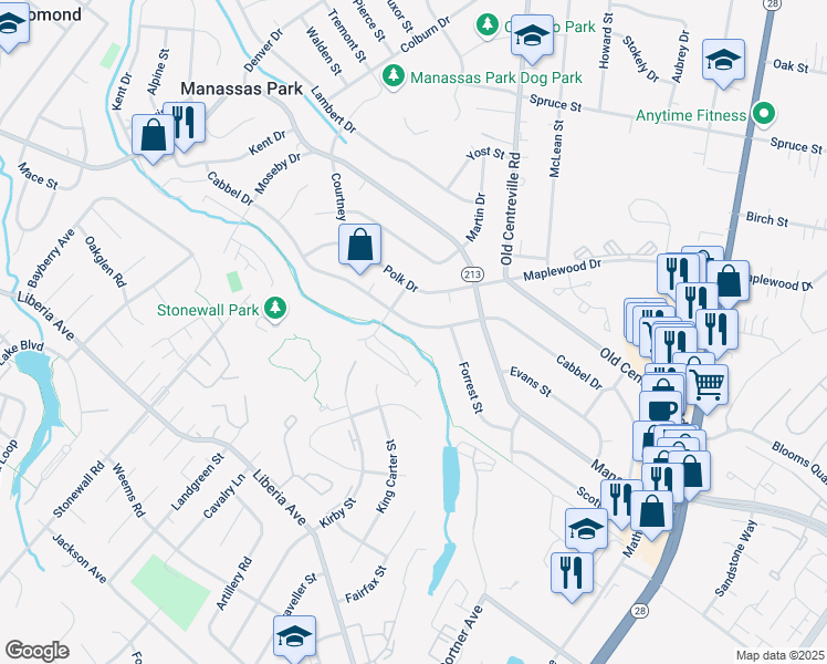 map of restaurants, bars, coffee shops, grocery stores, and more near 175 Cabbel Drive in Manassas Park