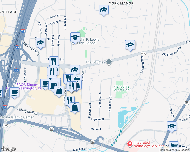 map of restaurants, bars, coffee shops, grocery stores, and more near 6575 Forsythia Street in Springfield