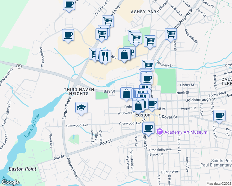 map of restaurants, bars, coffee shops, grocery stores, and more near 204 Bay Street in Easton