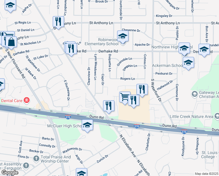 map of restaurants, bars, coffee shops, grocery stores, and more near 13 Montclair Court in Florissant