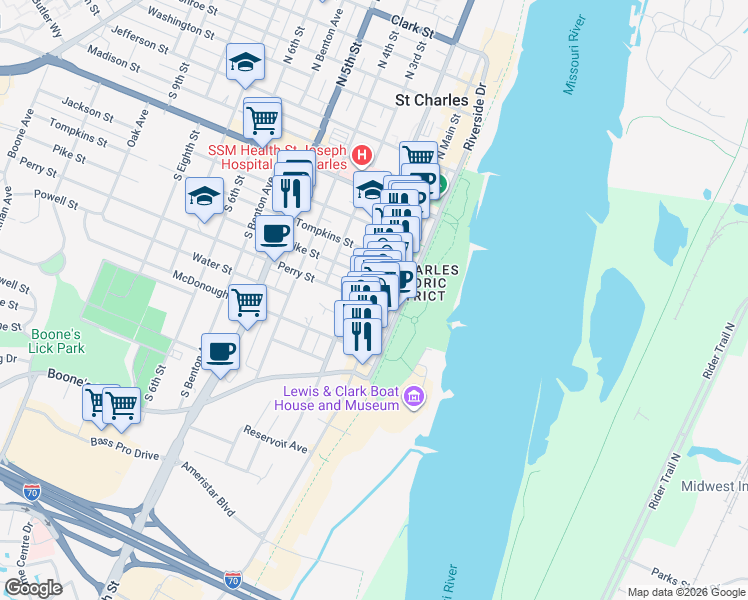 map of restaurants, bars, coffee shops, grocery stores, and more near 625 S Main St in St Charles