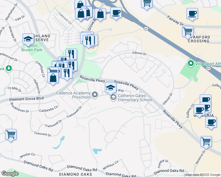 map of restaurants, bars, coffee shops, grocery stores, and more near 604 Alden Way in Roseville