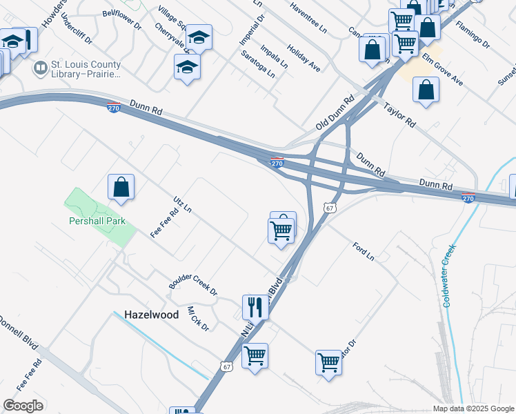 map of restaurants, bars, coffee shops, grocery stores, and more near 23 Airshire Place in Hazelwood