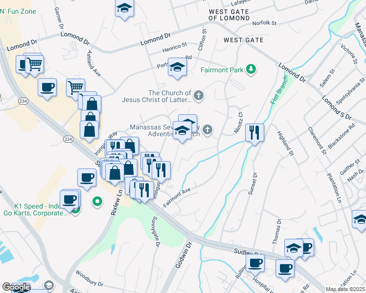 map of restaurants, bars, coffee shops, grocery stores, and more near 8275 Barrett Drive in Manassas