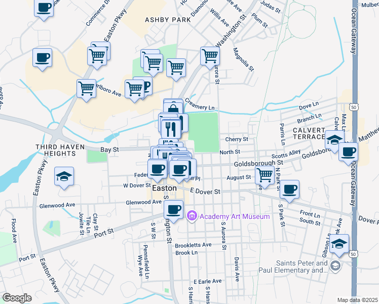 map of restaurants, bars, coffee shops, grocery stores, and more near 115 Turners Lane in Easton