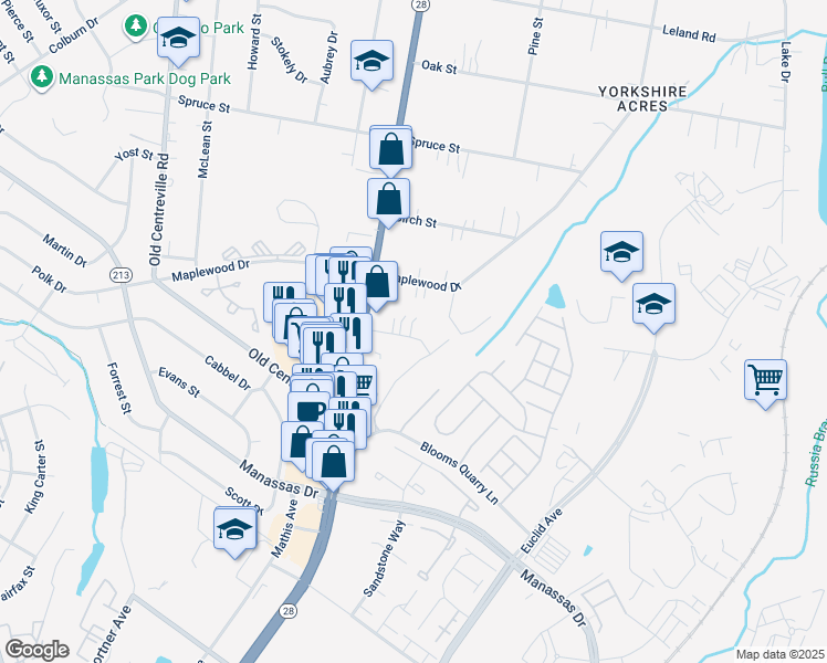 map of restaurants, bars, coffee shops, grocery stores, and more near 8299 Browns Lane in Manassas