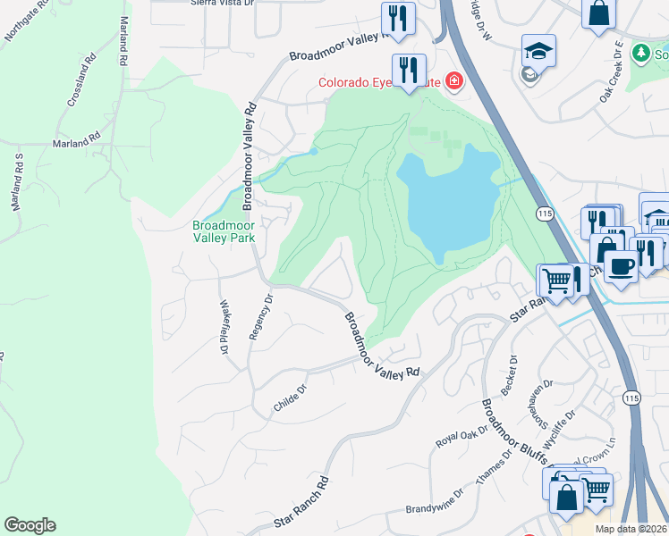 map of restaurants, bars, coffee shops, grocery stores, and more near 25 Woodbridge Drive in Colorado Springs