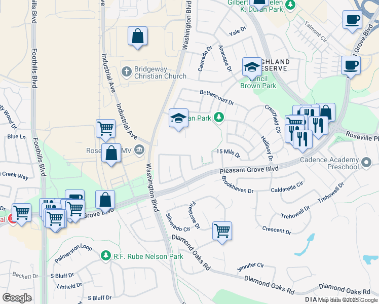 map of restaurants, bars, coffee shops, grocery stores, and more near 525 Farmington Circle in Roseville
