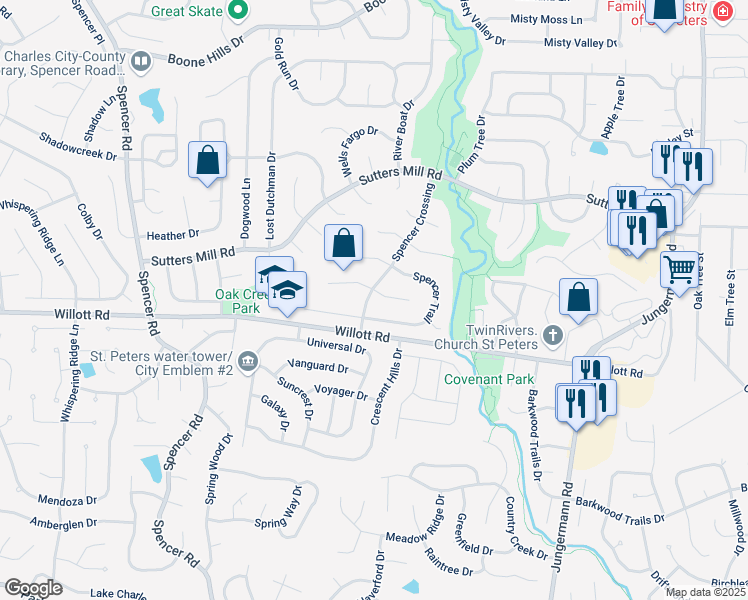 map of restaurants, bars, coffee shops, grocery stores, and more near 20 Last Chance Court in St. Peters