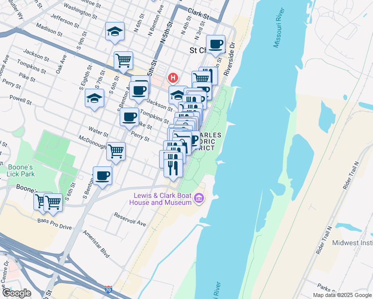 map of restaurants, bars, coffee shops, grocery stores, and more near 700 South Riverside Drive in Saint Charles
