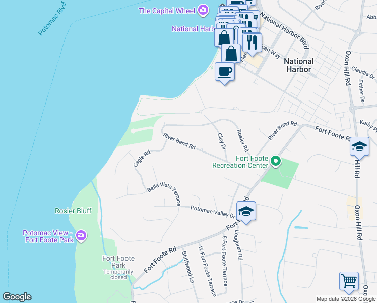 map of restaurants, bars, coffee shops, grocery stores, and more near 608 River Bend Road in Fort Washington