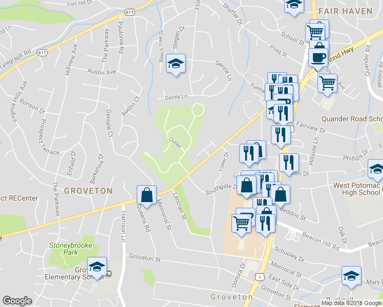 map of restaurants, bars, coffee shops, grocery stores, and more near 6528 Brick Hearth Court in Alexandria