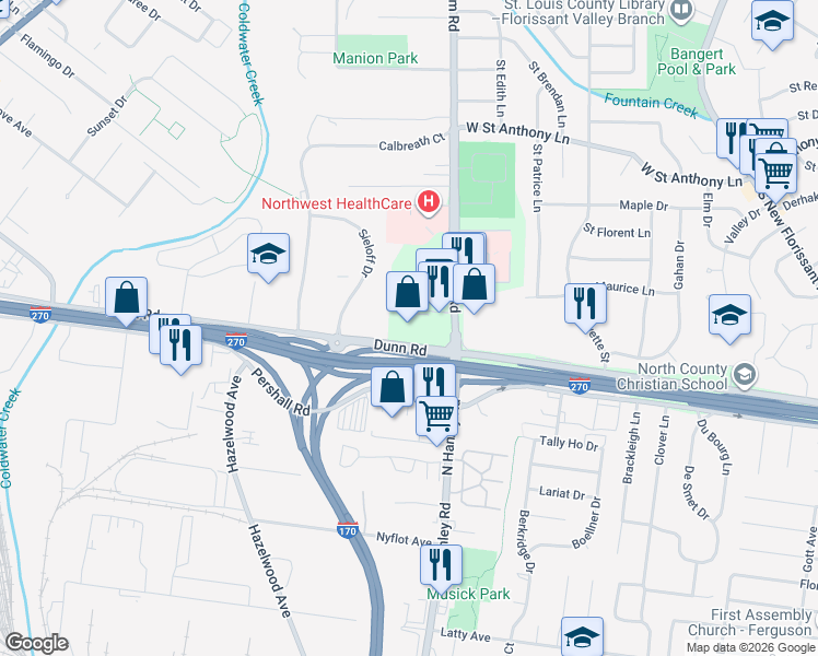 map of restaurants, bars, coffee shops, grocery stores, and more near 180 Dunn Road in Florissant
