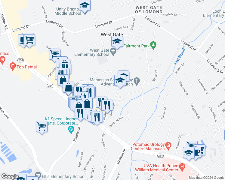map of restaurants, bars, coffee shops, grocery stores, and more near 8241 Community Drive in Manassas