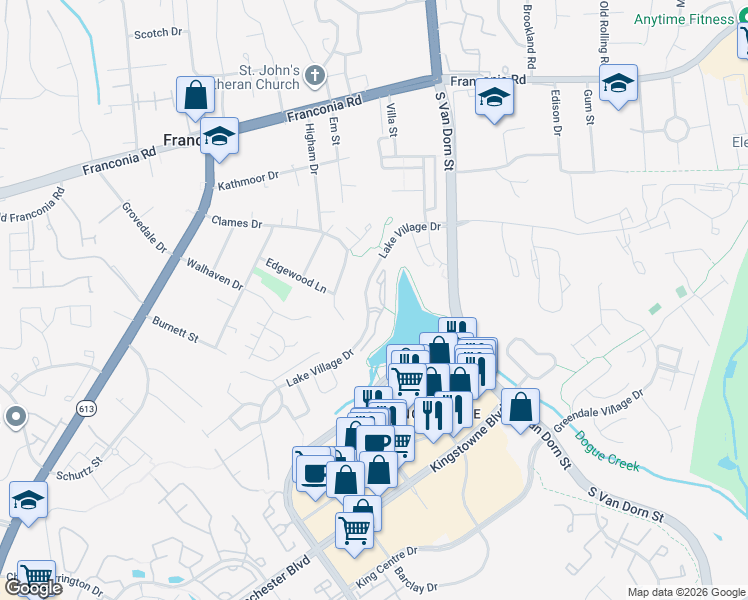 map of restaurants, bars, coffee shops, grocery stores, and more near 6540 Grange Lane in Alexandria