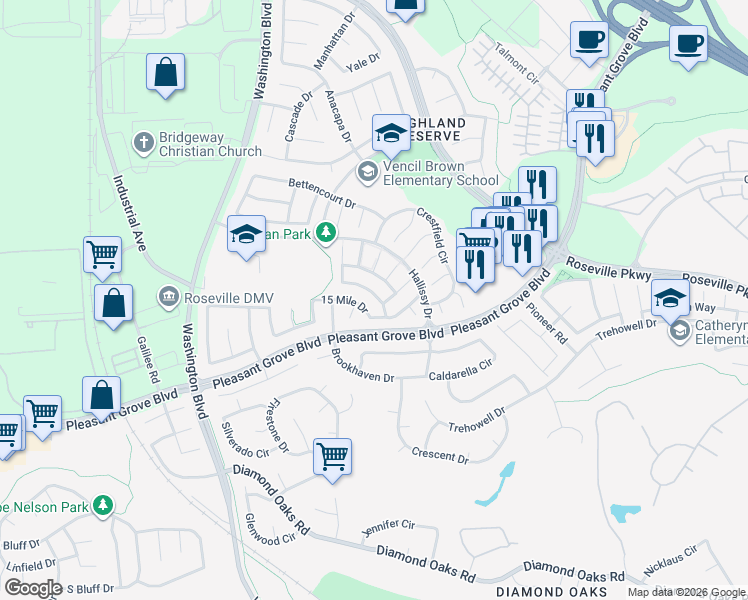 map of restaurants, bars, coffee shops, grocery stores, and more near 209 Summer Grove Circle in Roseville