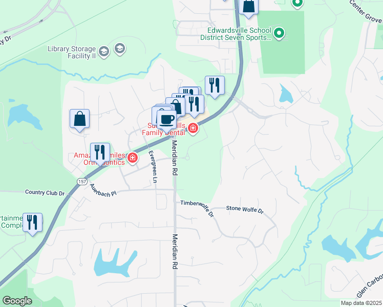 map of restaurants, bars, coffee shops, grocery stores, and more near 331 Meridian Road in Glen Carbon