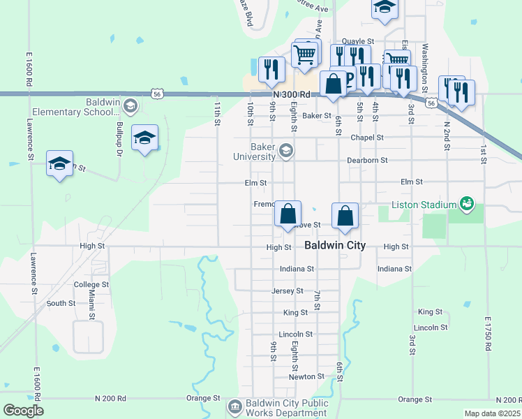 map of restaurants, bars, coffee shops, grocery stores, and more near 610 10th Street in Baldwin City