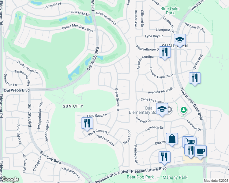 map of restaurants, bars, coffee shops, grocery stores, and more near 5501 Lantern Grove Lane in Roseville