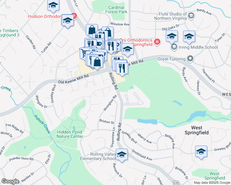 map of restaurants, bars, coffee shops, grocery stores, and more near 6400 Rivington Road in West Springfield