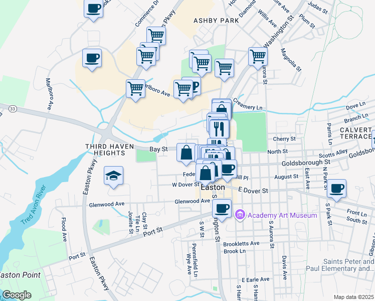 map of restaurants, bars, coffee shops, grocery stores, and more near 114 Bay Street in Easton